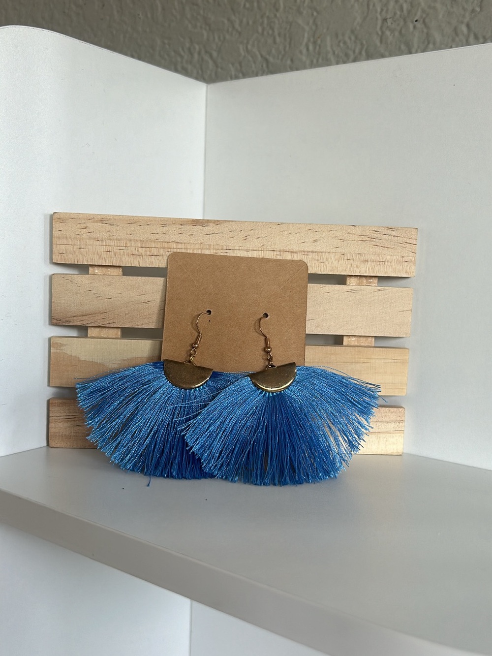 Vibrant Blue Fringe Fan Earrings with Gold Accents